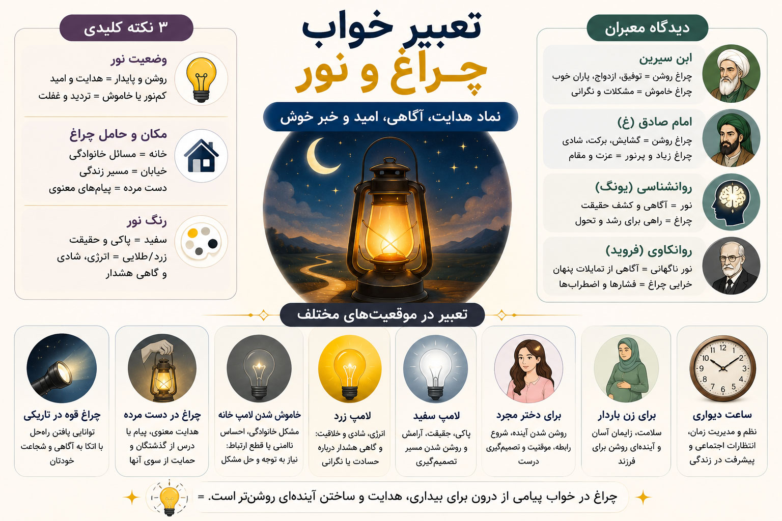 اینفوگرافی تعبیر خواب چراغ و لامپ و روشنایی