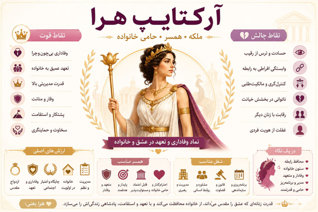 یک اینفوگرافی شامل ویژگی های کلیدی شخصیت هرا