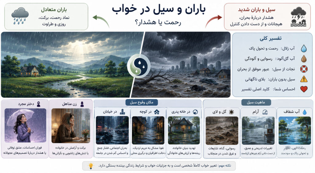 اینفوگرافی تعبیر خواب باران شدید و سیل