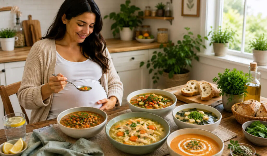 عکس یک زن باردار در حال خوردن سوپ